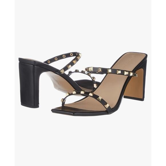The Drop Black Studded 9.5 Avery Square-Toe Two-Strap Block Heeled Sandal Edgy - Picture 1 of 6